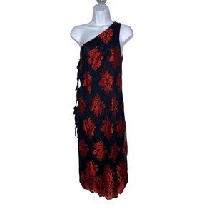 H:ours Womens‎ Sheath Dress One Shoulder Black Red Midi Floral Lace Slit S New